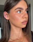 Close-up of a person with long brown hair wearing a gold necklace and earring.
