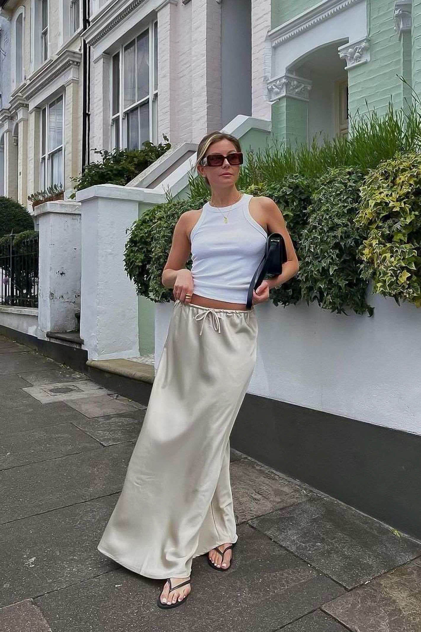 beige silky skirt