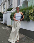 beige silky skirt