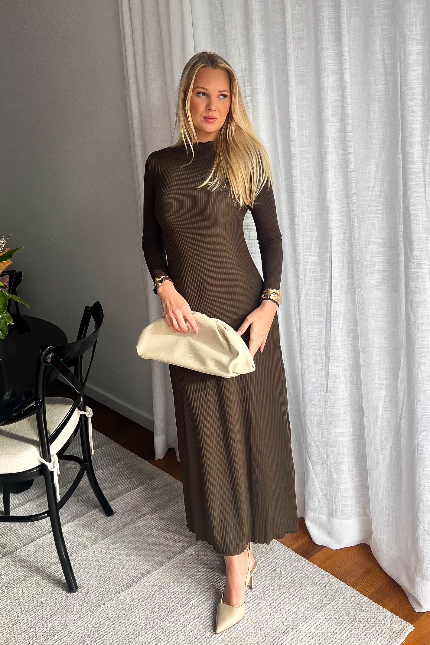 Brown Long Sleeve Ribbed Maxi Dress