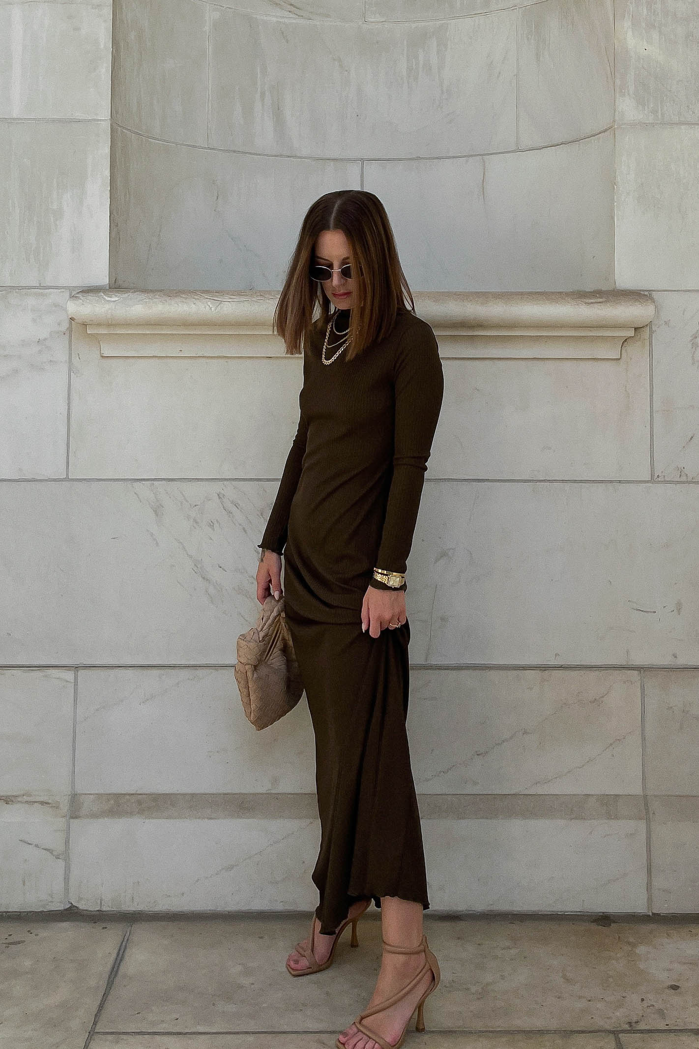 Brown Long Sleeve Ribbed Maxi Dress