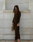 Brown Long Sleeve Ribbed Maxi Dress