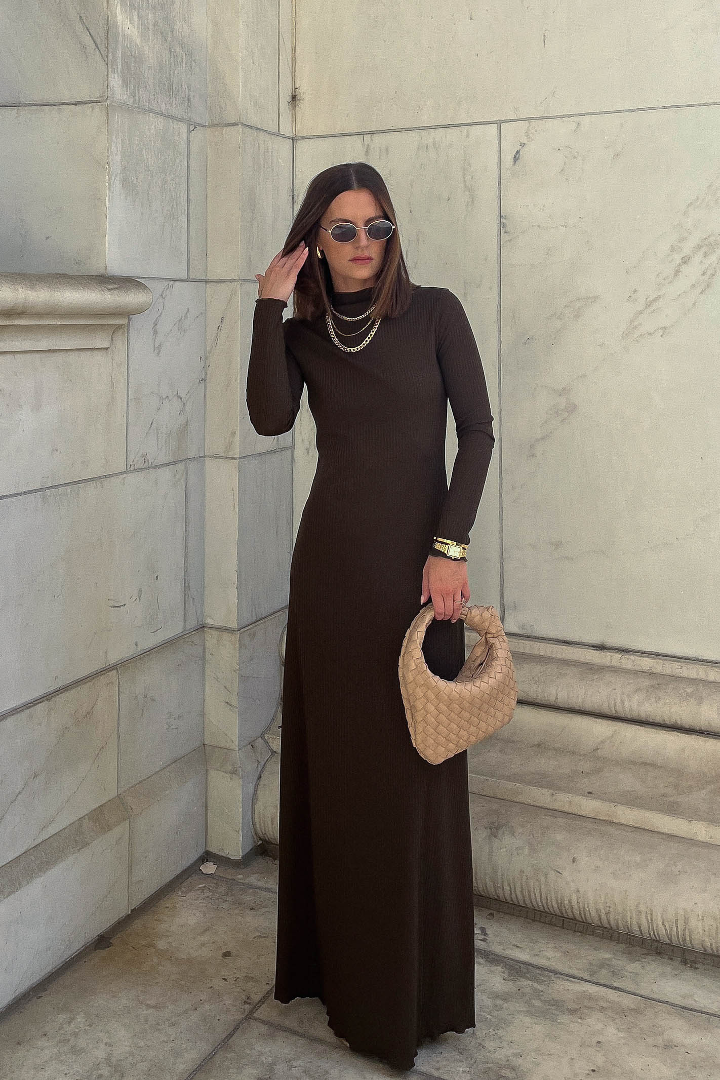 Brown Long Sleeve Ribbed Maxi Dress