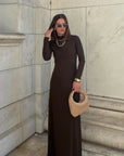 Brown Long Sleeve Ribbed Maxi Dress