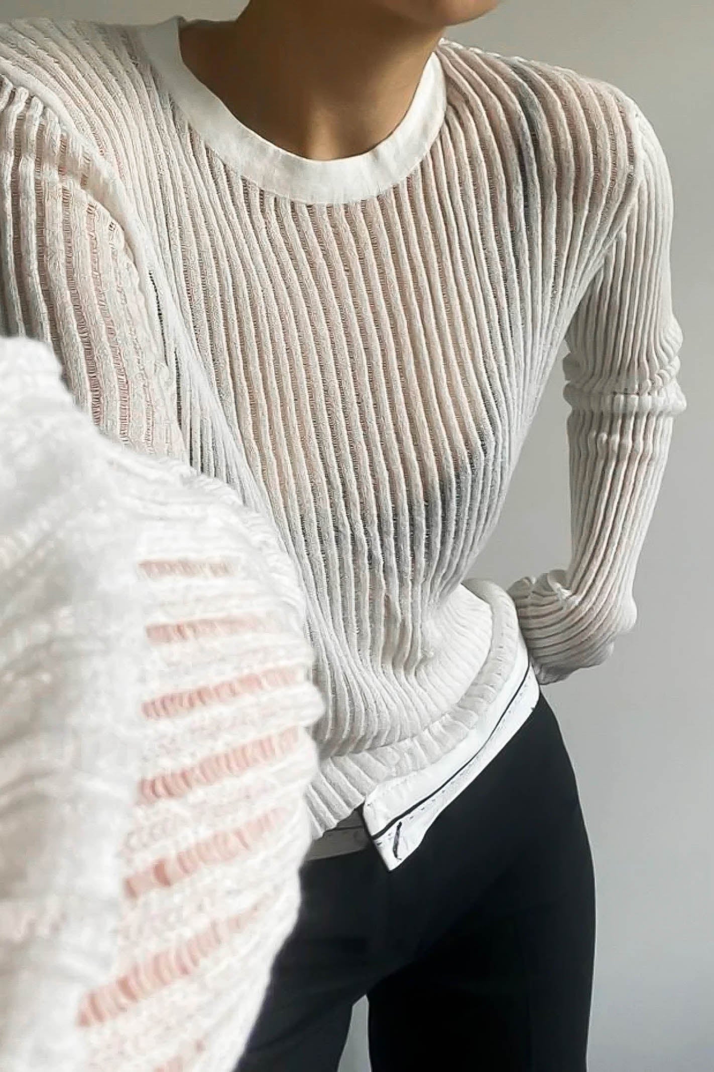 white ribbed long sleeve top